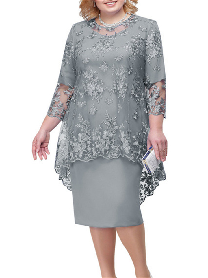 Women's Plus Size Curve A Line Dress Floral Round Neck Lace 3/4 Length Sleeve Spring Summer Casual Sexy Mother‘s Day Knee Length Dress Daily Holiday Dress / Skinny / Print