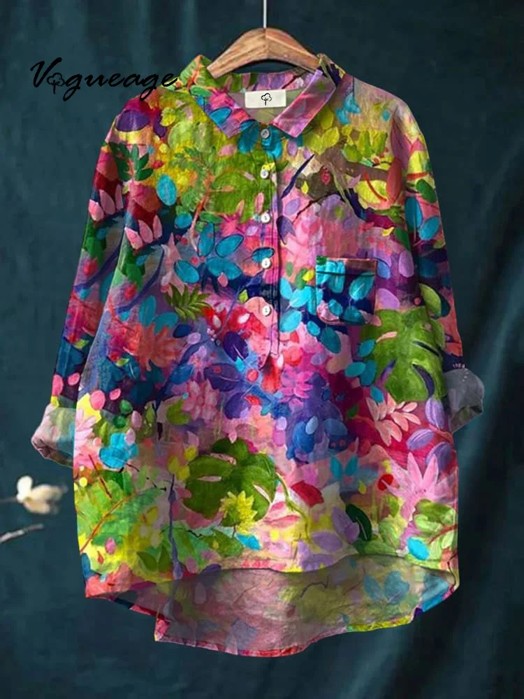 Colorful Bright Flowers And Plants Printed Cotton And Linen Shirt