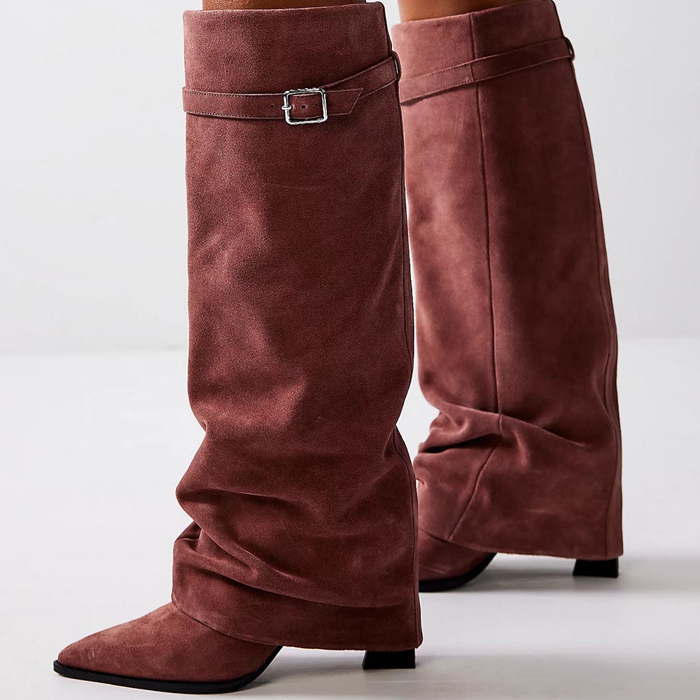 Brown Faux Suede Pointed Toe 4'' Chunky Heel Fold Over Knee High Boots Nicepairs