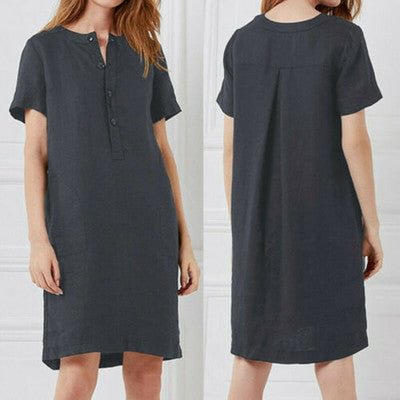 Cotton And Linen Short Sleeve Skirt Loose V-neck Mid-length Dress Women's Clothing