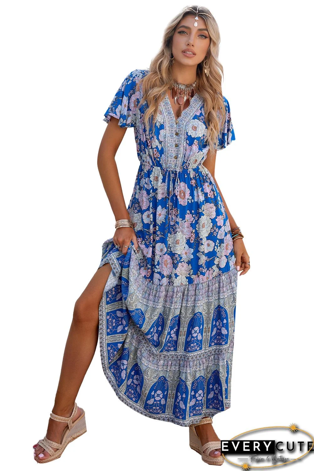 Blue Floral Print Buttoned V Neck Drawstring High Waist Maxi Dress