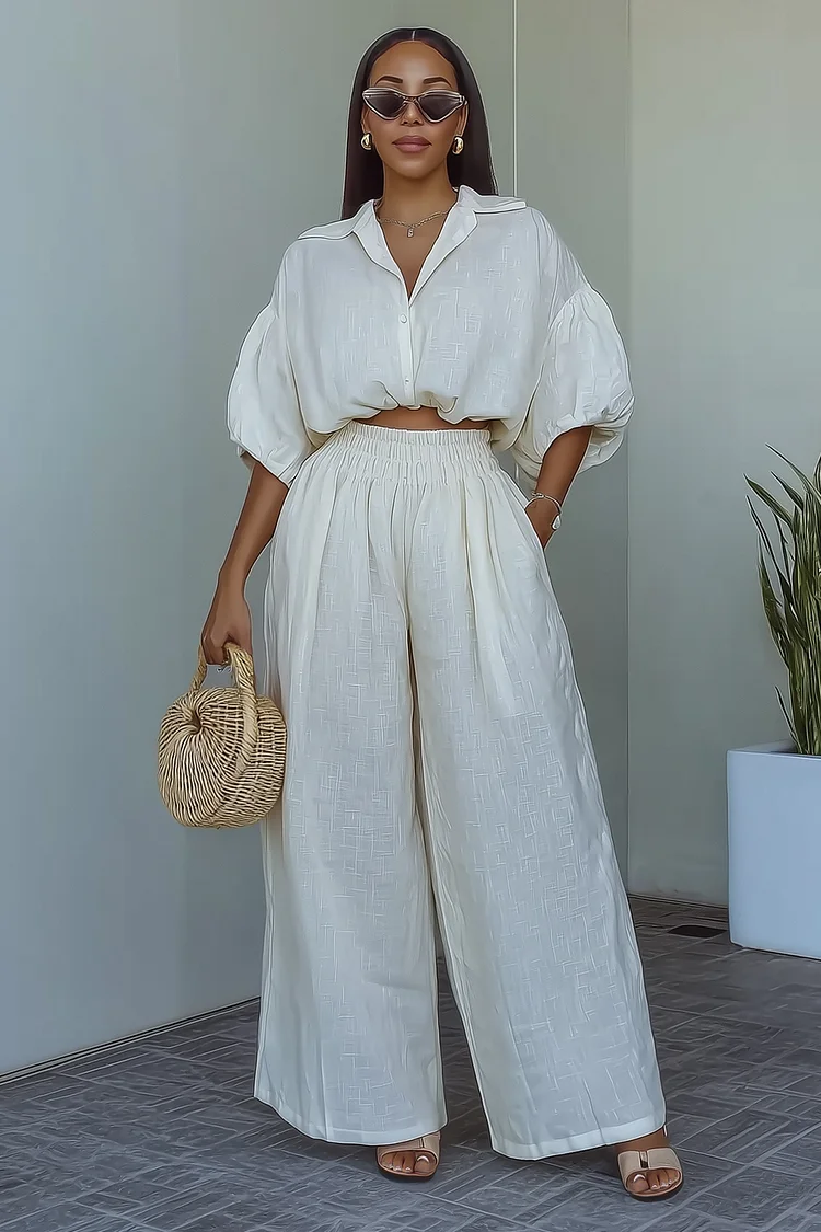Dropped Shoulder Puff Sleeve Blouse Wide Leg Pants 2pcs Set-White [Pre Order]