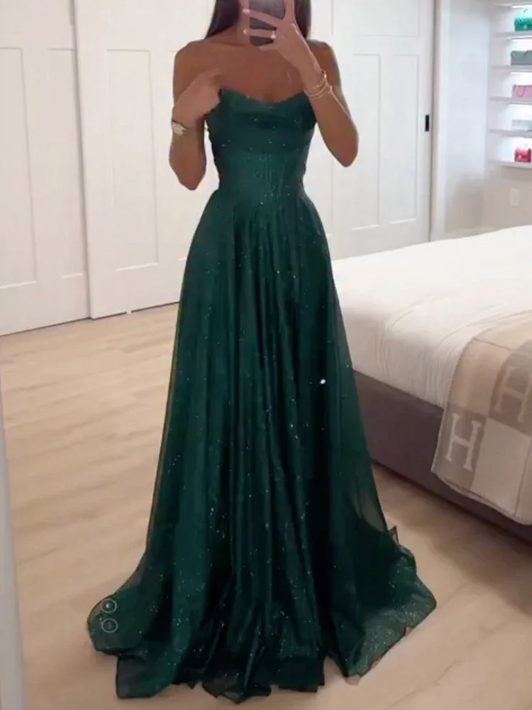 Sleeveless Spaghetti-Neck Shiny Sequinned Mesh Maxi Dresses Party Dresses