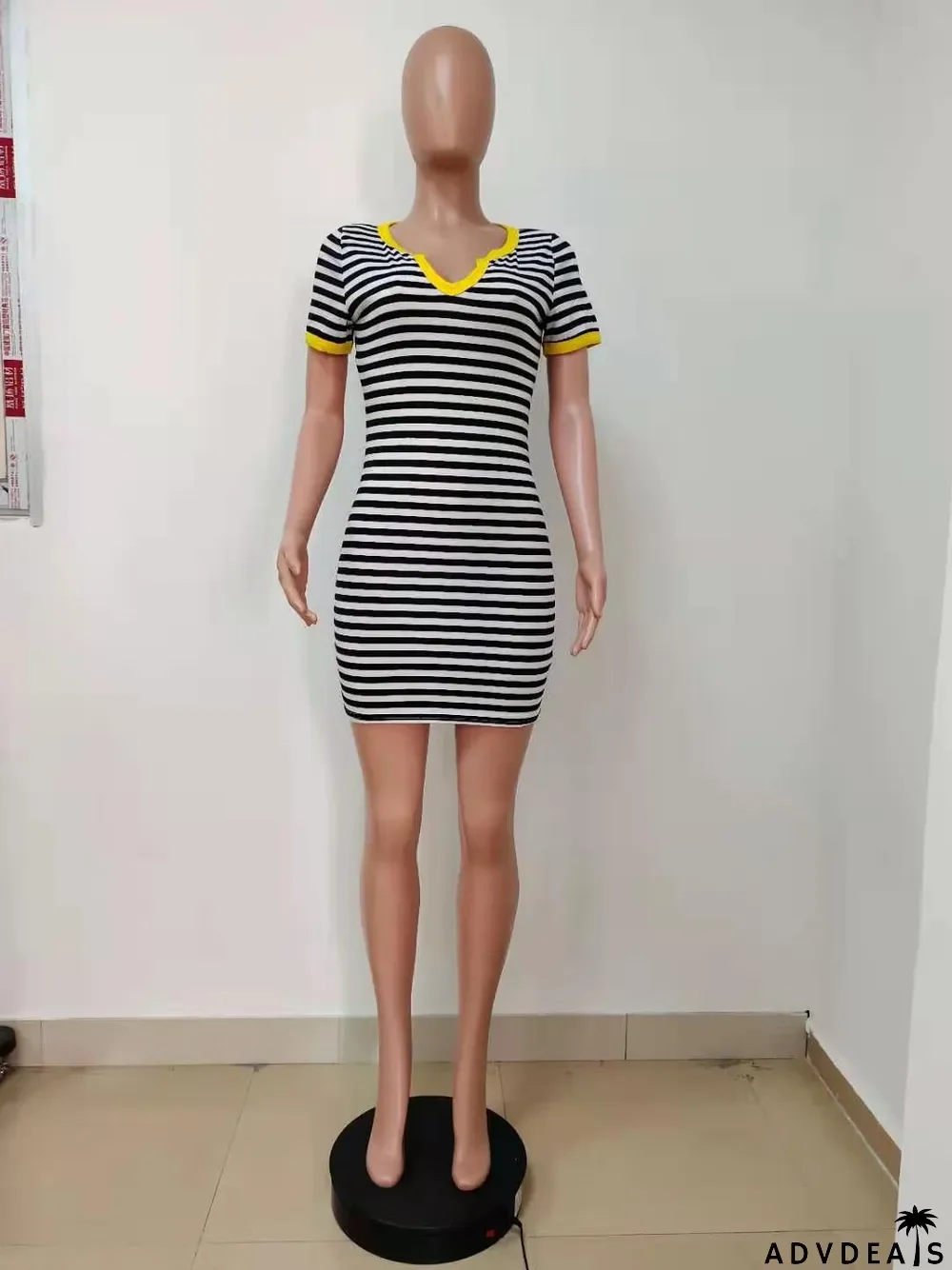 Casual Striped V Neck Short Sleeve Mini Dress