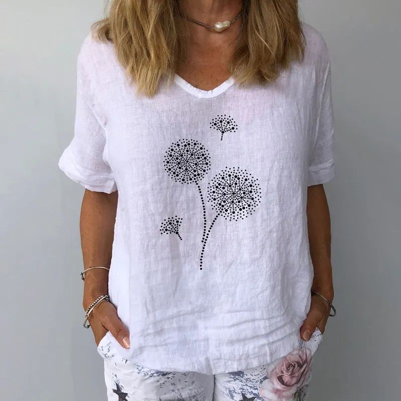 Women Summer Cotton Linen Blouse Casual V Neck Short Sleeve Femme Blouse Shirt New Letter Print 2022 Blusas Womens Tops S-3XL