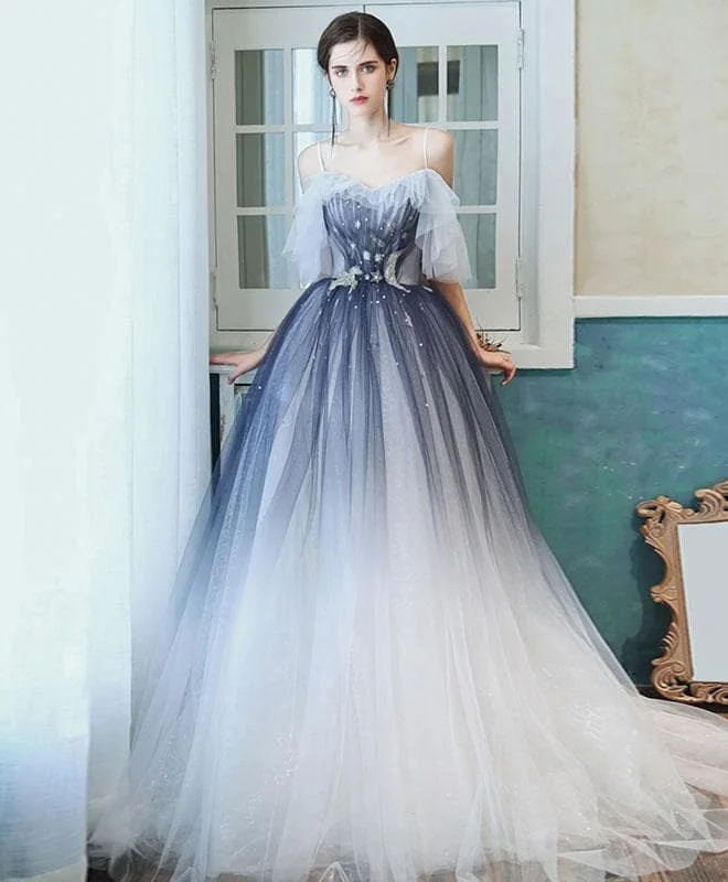 Unique Sweetheart Tulle Blue Long Prom Dress Blue Tulle Evening Dress A011