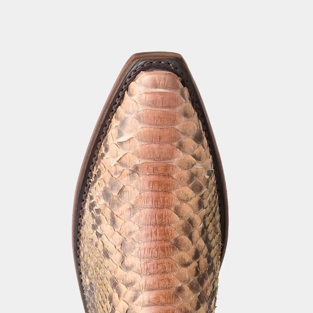 Ivory & Brown Snip Toe Embroidered Snake Embossed Cowgirl Boots