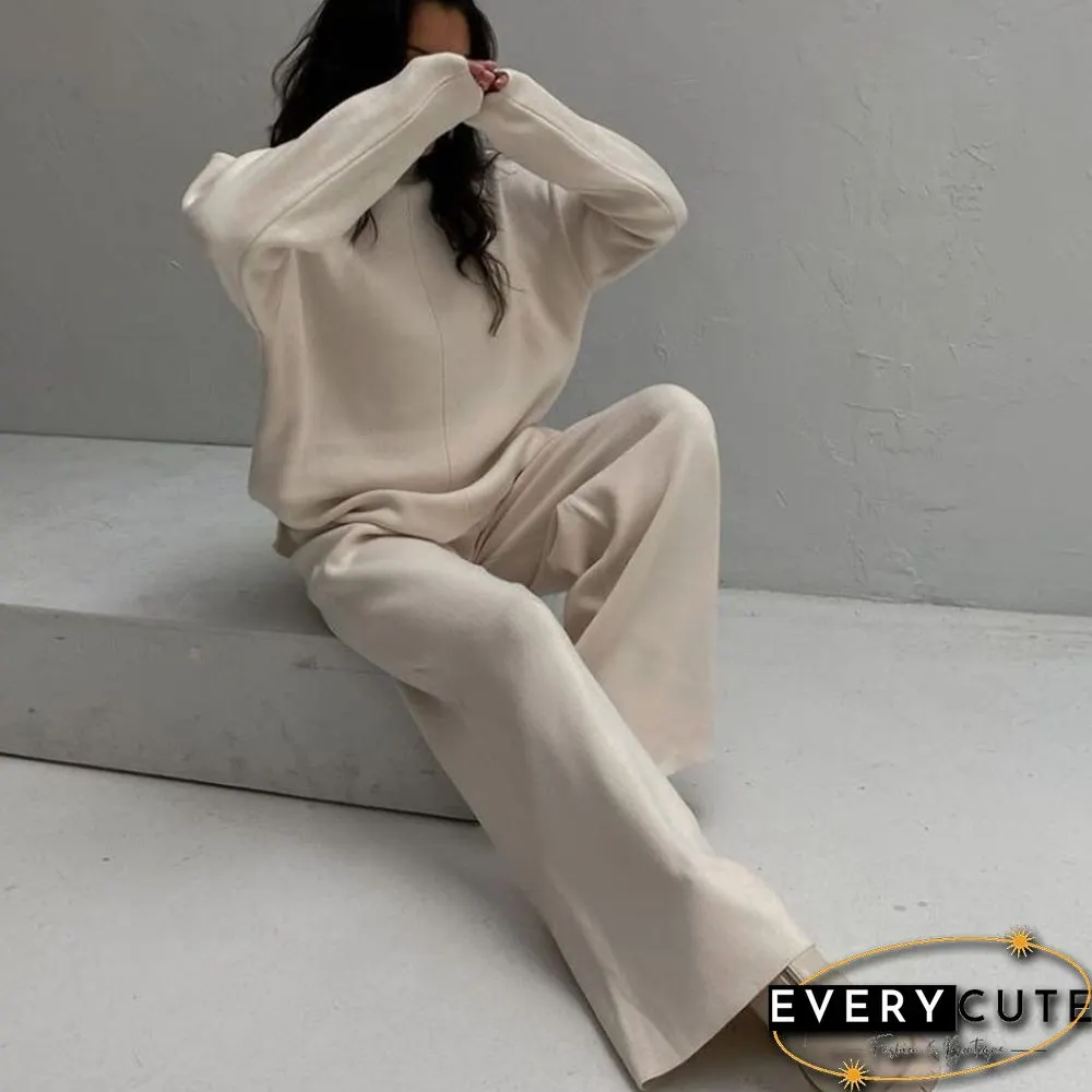 Winter Women Long Sleeve Loose Casual Sweater Knit Top Trousers Set High Neck Solid Color
