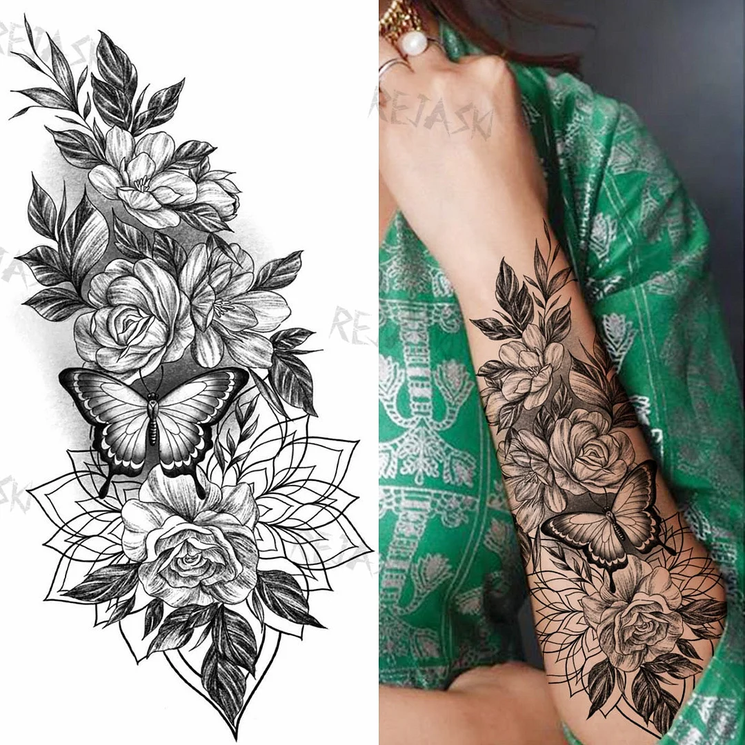 Sexy Snake Flower Fake Temporary Tattoo For Women Black Sunflower Tattoos Bloosom Big Daisy Camellia Water Transfer Tatoos Legs