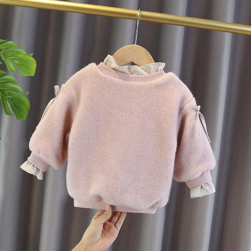 2021 Spring Winter Girl Casual Sweater Children's Knitted Woolen  Kids Cute Bunny Warm Thicken Bowknot Long Sleeve Plus Velvet