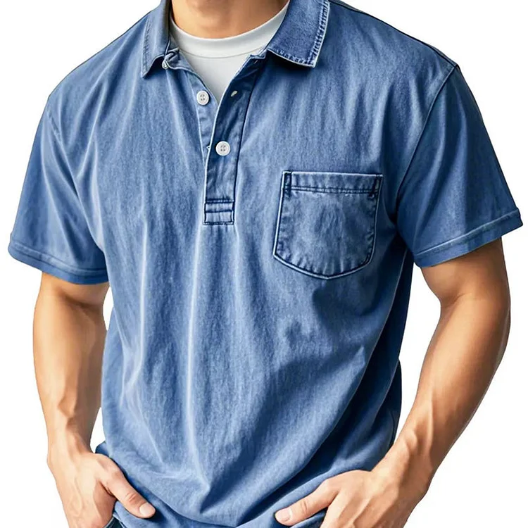 Men's Retro Lapel Button-Down Pocket Front Casual Short Sleeve Shirt