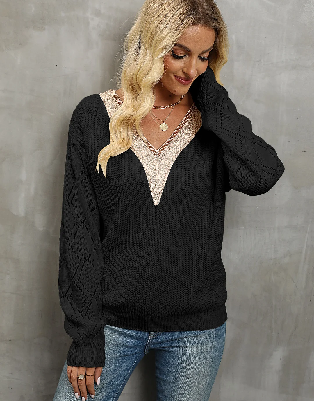 Athvotar Athvotar V-Neck Lace New Sweater Loose Casual Jacket Women's Knitwear Shirt