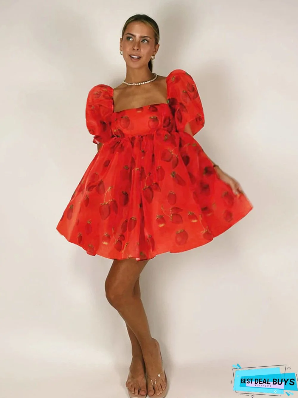 Printed Square Neck Lantern Short Sleeve Women's Dress Backless Fluffy French Princess Dress