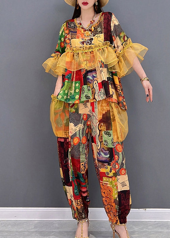 VCSHOES O-Neck Ruffled Tulle Patchwork Chiffon tops and pants Two Piece Set Summer