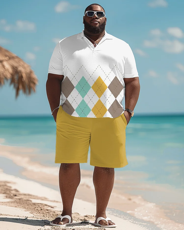 Men's Large Simple Classic Diamond Plaid Polo Shirt Shorts Suit