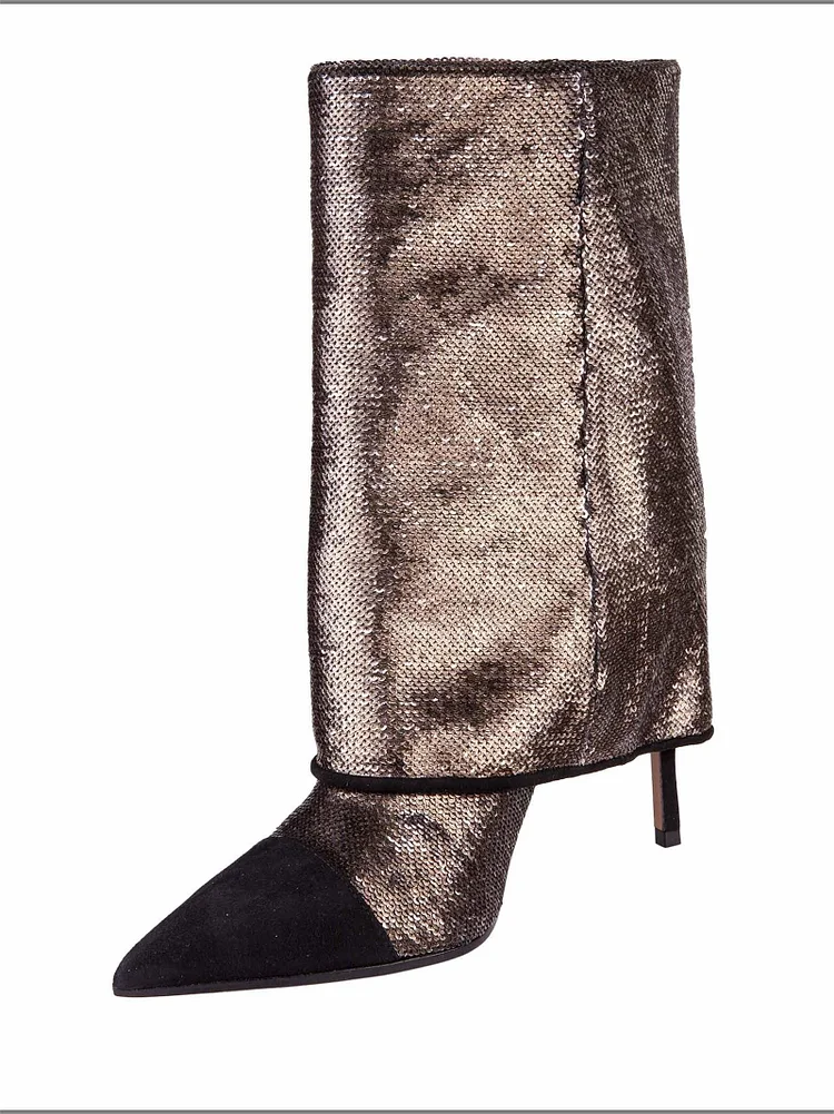 Dark Brown Sequined Pointed Toe Stiletto Boots Fashion Mid Calf Shark Boots |FSJ Shoes