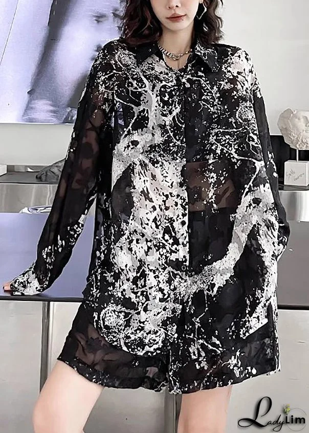 French Black Peter Pan Collar Tie Dye Patchwork Chiffon Two Piece Set Long Sleeve