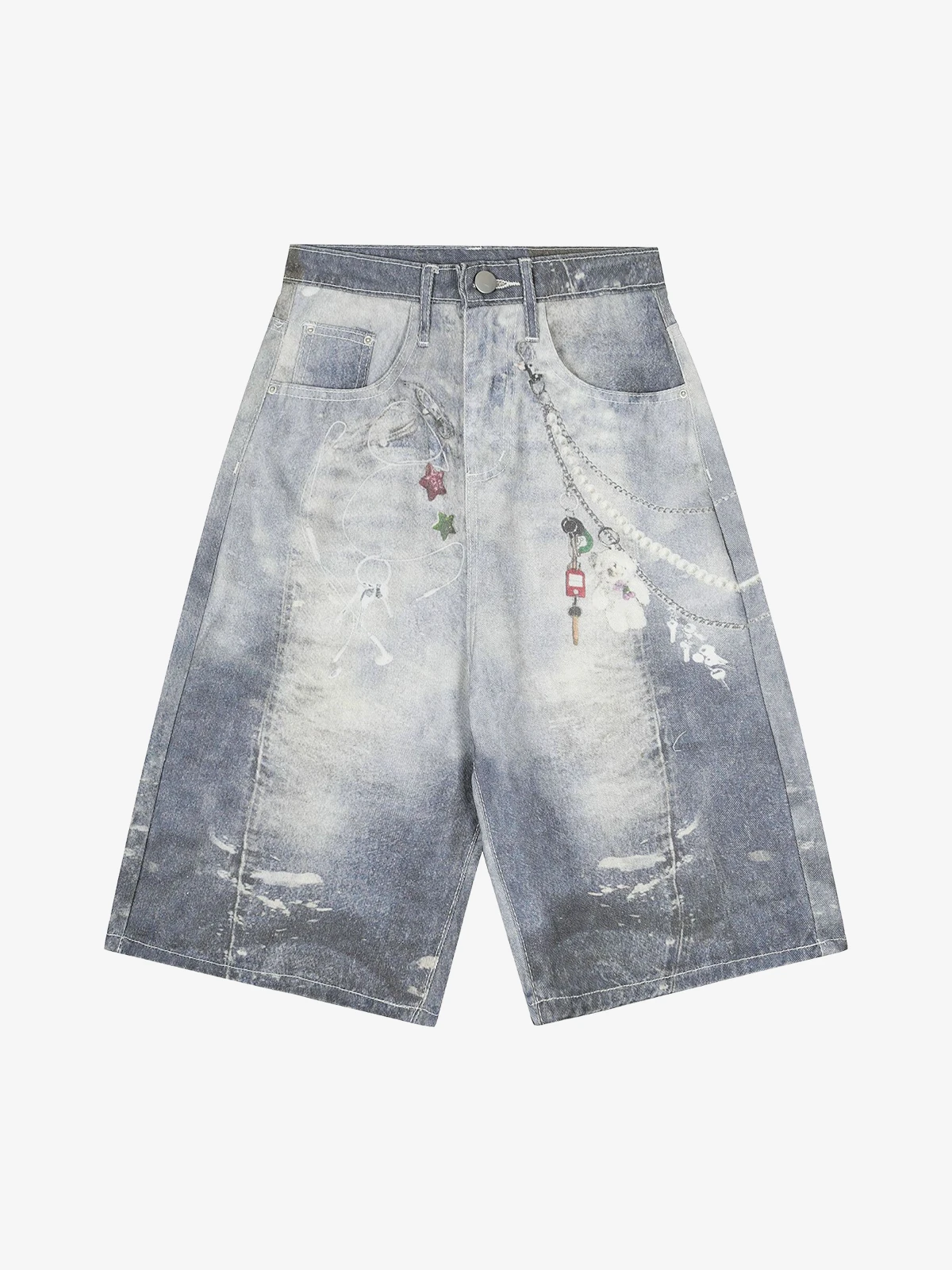 Blue Act Chic Washed 3D Graphic Print Longline Jorts Front