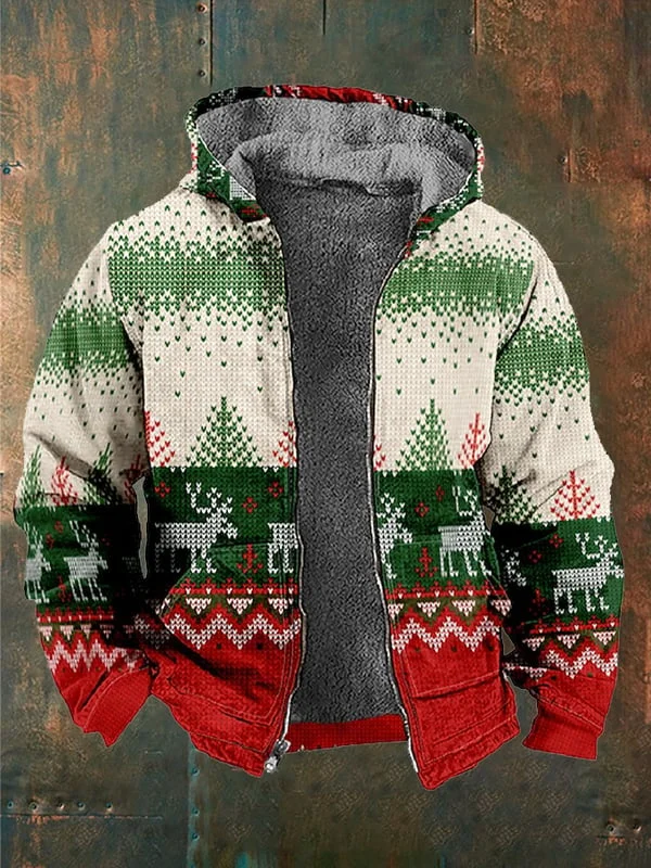 Men's Christmas Printed Zippered Fleece Hooded Jacket