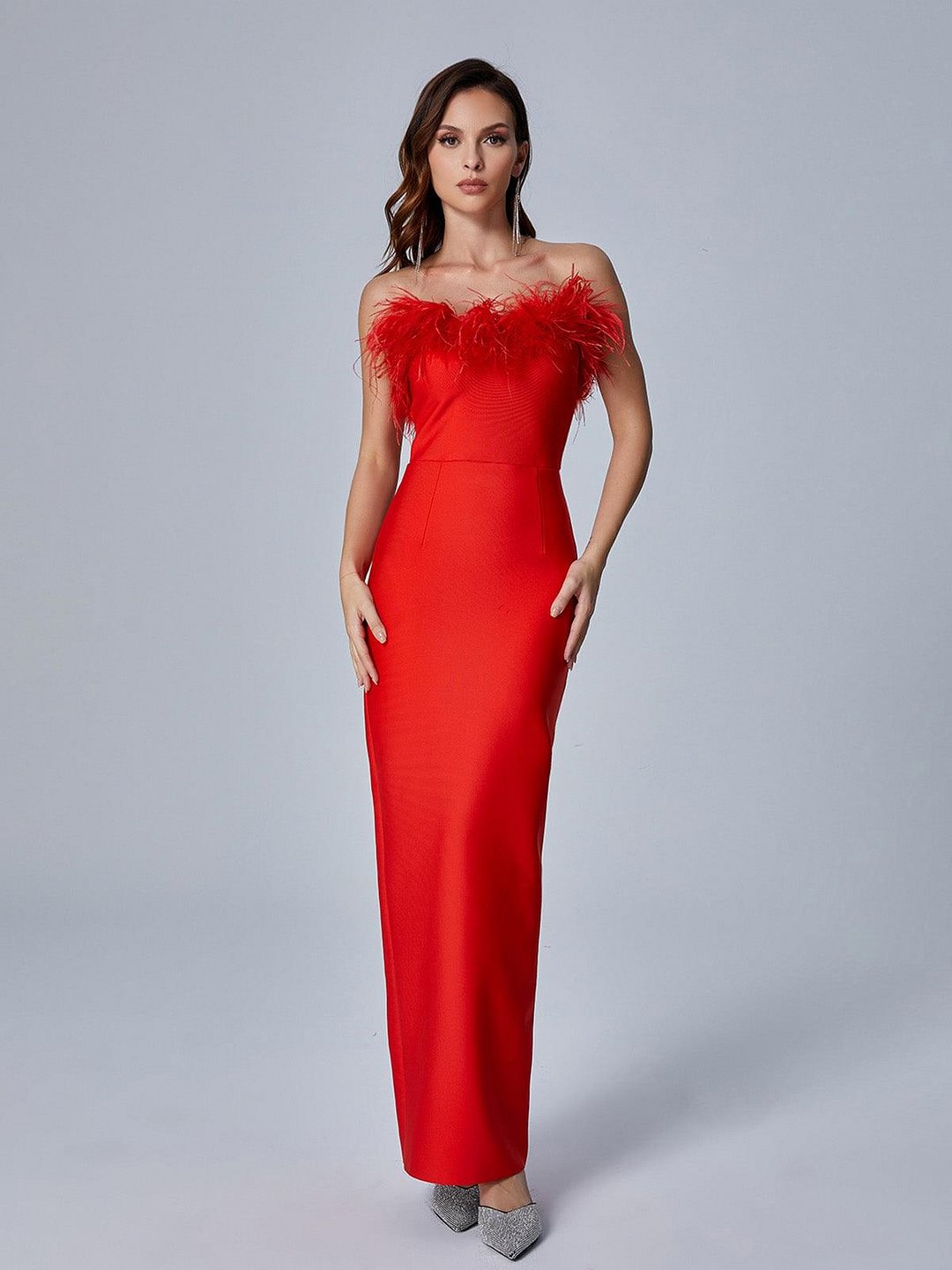 Mina Strapless Feather Trimmed Bandage Dress In Red
