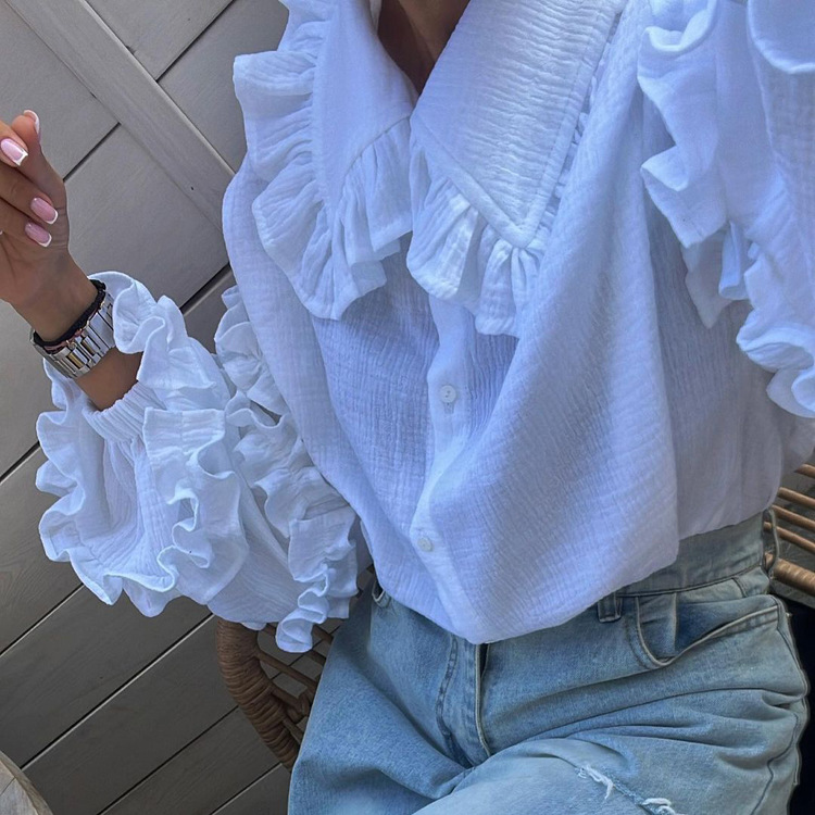 Ootddress White Ruffled Casual Shirts For Women Fashion Patchwork Cardigan Lapel Long Sleeve Outwear Slim Ladies Shirts 2025 New