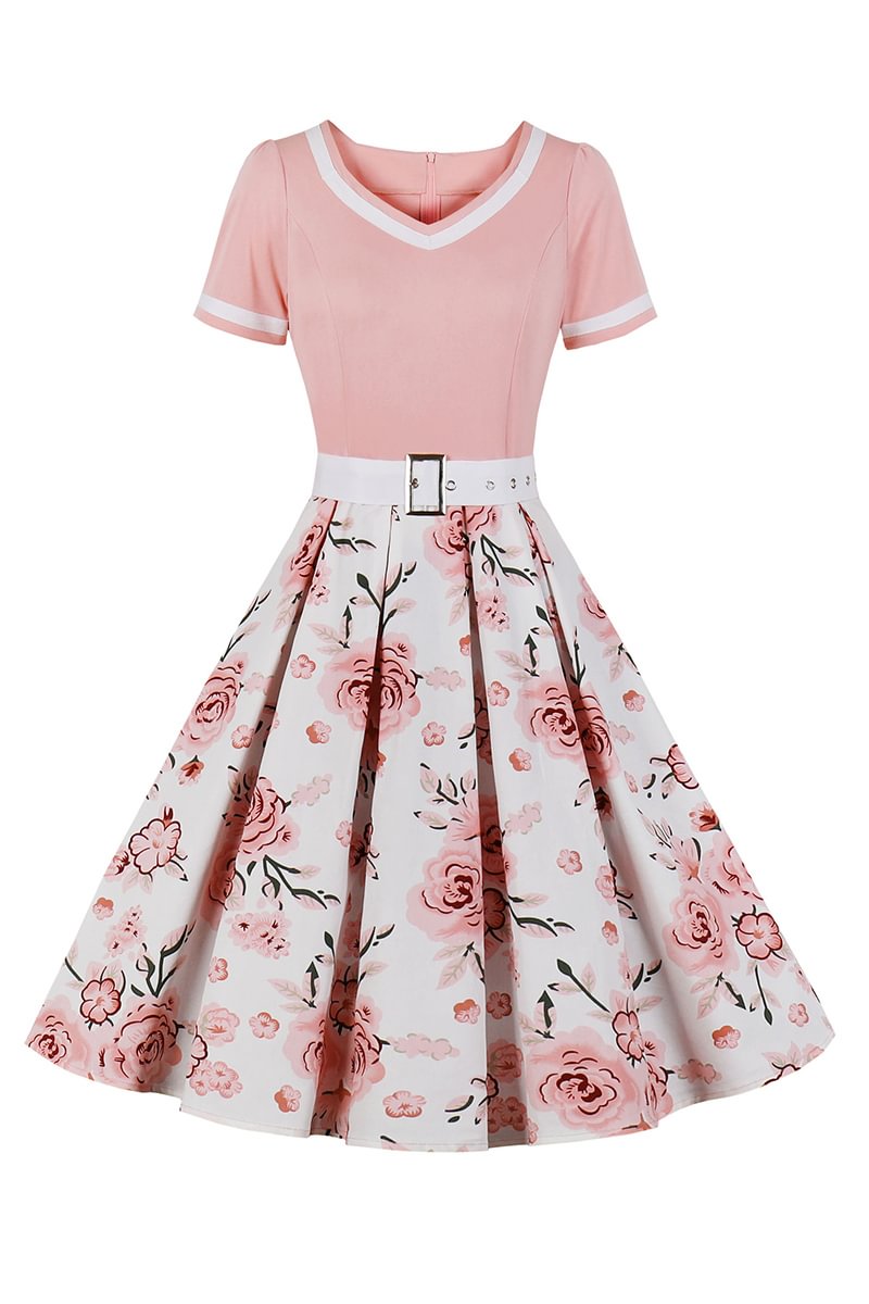1950s Retro Pink Floral Print A-Line Puff Skirt Midi Dress
