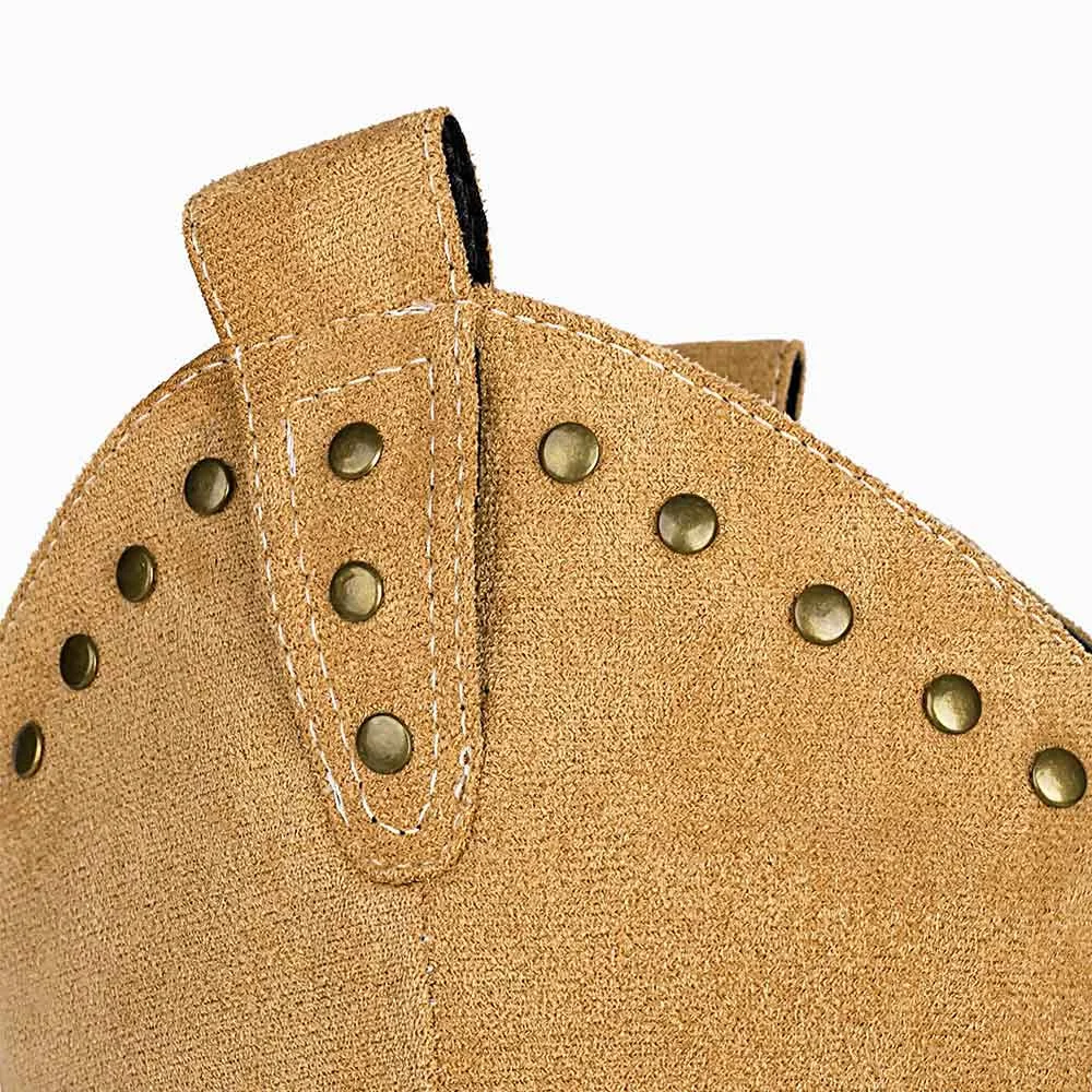 Tan Mid Block Heel Studded Pointed Toe Western Boots for Women