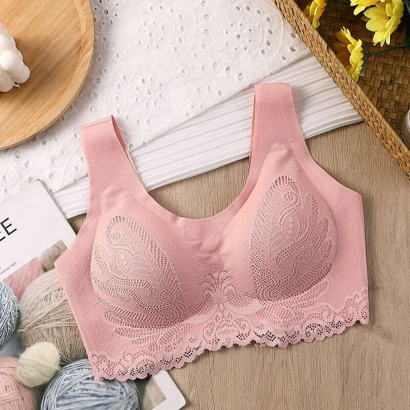 Uaang Sweet Breathable Seamless Latex Bra Women’s Underwear Sexy Push Up Bralette With Pad Vest Top Soft Lace Sleep Brassiere