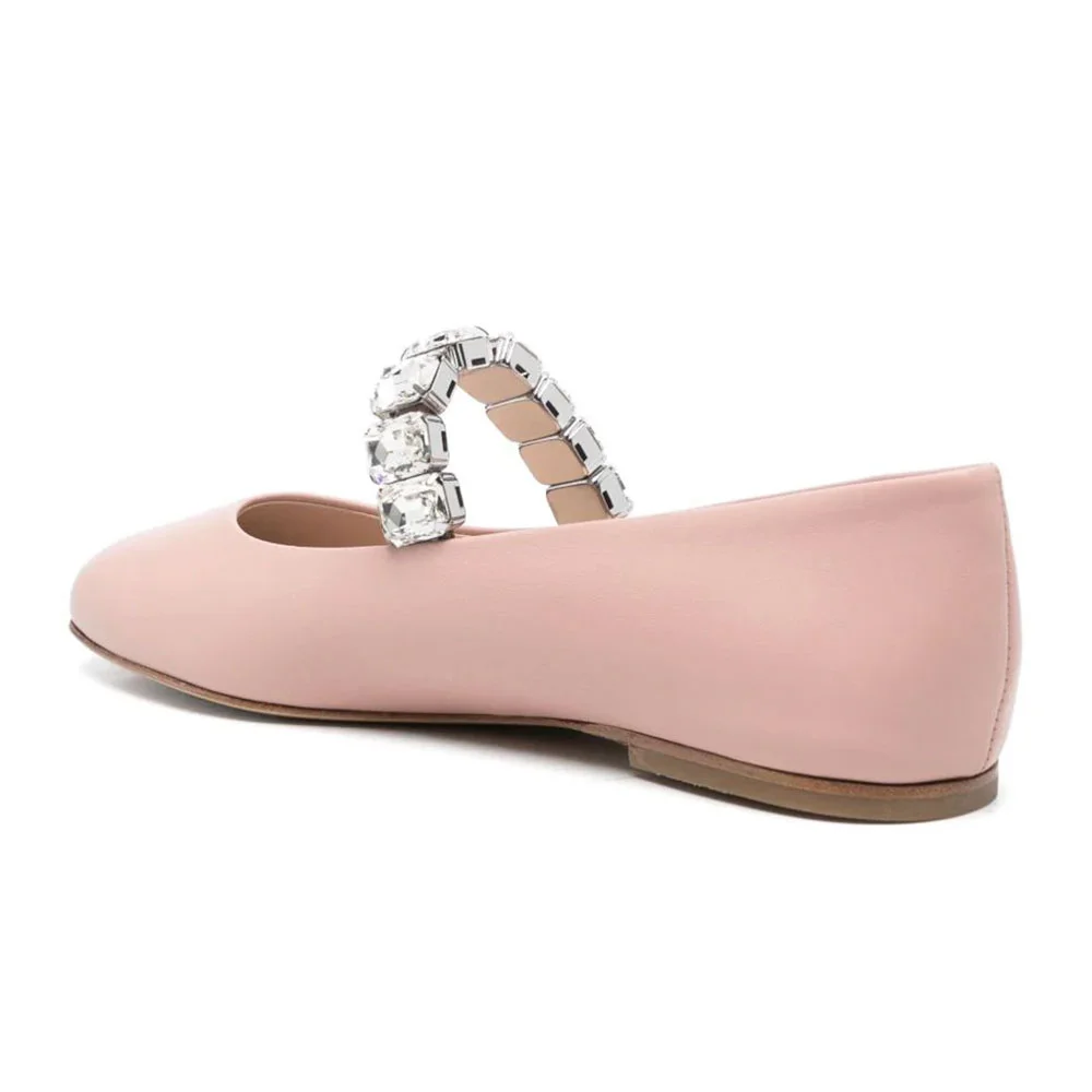 Women's Pink Mary Jane Round Toe Ballet Flats with Rhinestone Strap