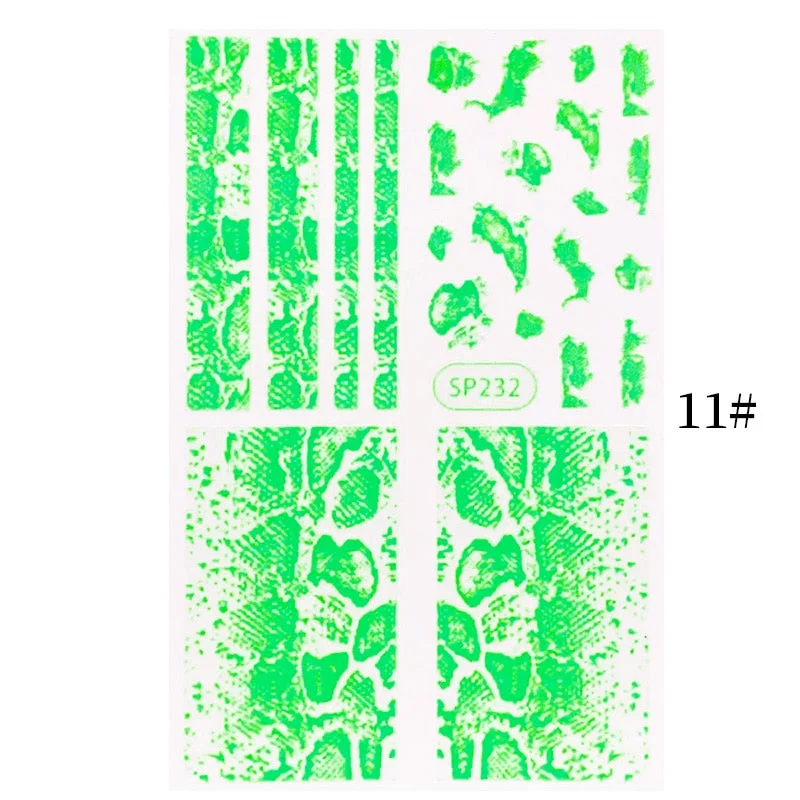 1PC Zebra Serpentine 3D Nail Stickers Fluorescence Green Leopard Prints Sliders Animal Skins Nail Art Decoration For Manicures