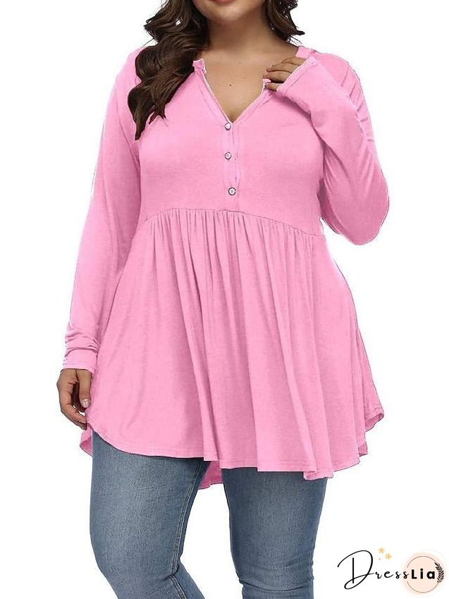 T shirt Tee Light Blue claret Deep Purple Plain Button Flowing tunic Long Sleeve Daily Weekend Basic V Neck Long Plus Size L for Women