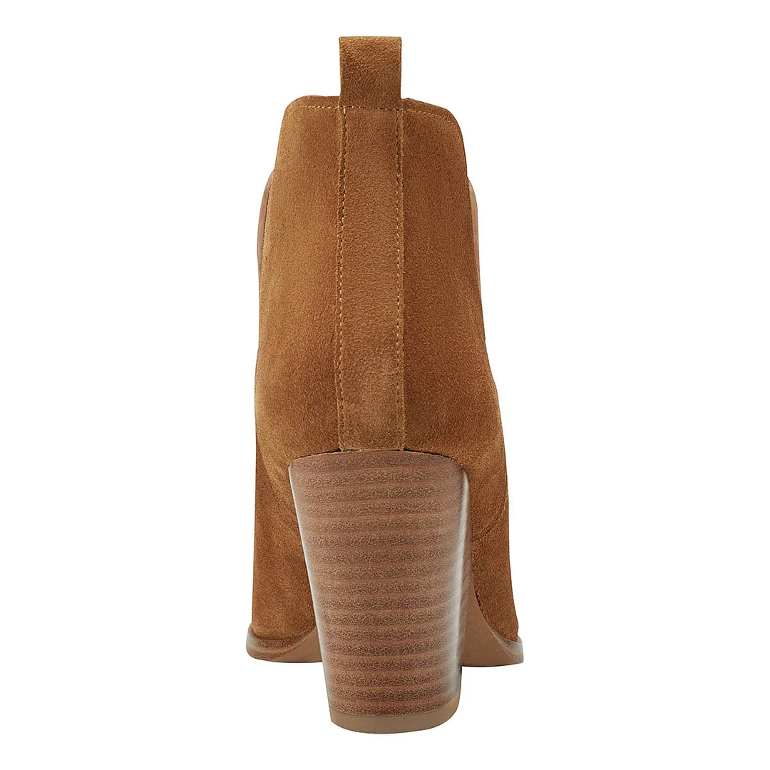 Brown Vegan Suede V Cut-Out Pointed Toe Stacked Heel Ankle Boots