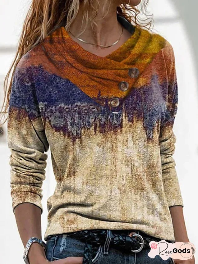 T shirt Tee Orange Geometric Tie Dye Button Print Long Sleeve Casual Weekend Basic Pile Neck Regular Abstract Painting S for Women