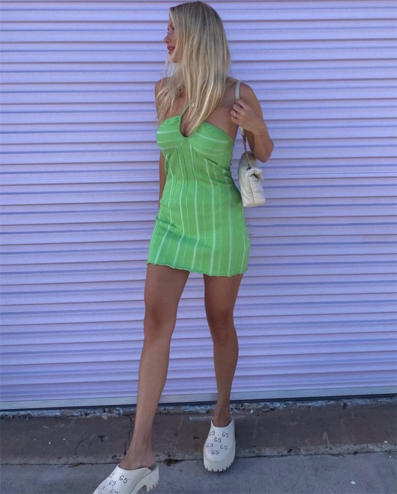 Ootddress Strapless Knit Mini Dresses Women Off-Shoulder Stripe Knitting Bodycon Dress Summer Beach Party Halter Club Streetwear