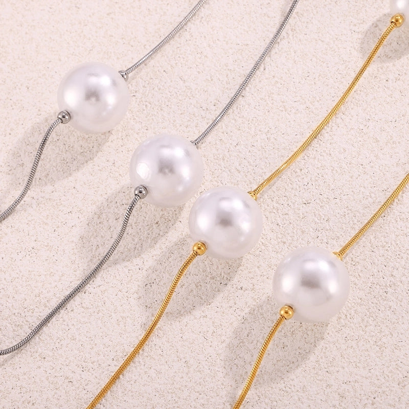 Europe And America Geometric Highlight Shell Pearls Sweater Chain Stainless Steel 18K Gold Plated PVD Long Sweater Accessories