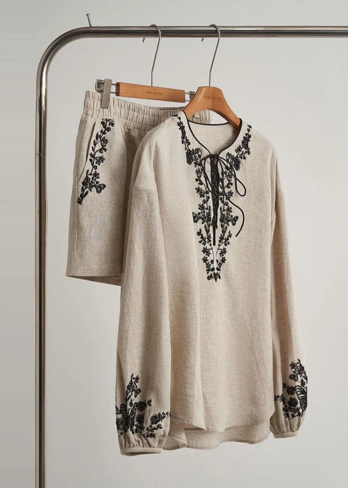 Elegant Beige Embroidered Linen Women Sets 2 Pieces Fall