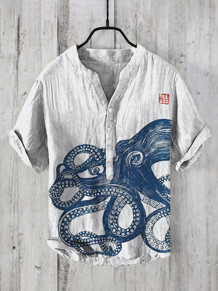 Comstylish Men's Japanese Art Octopus Button Cotton Linen Shirt