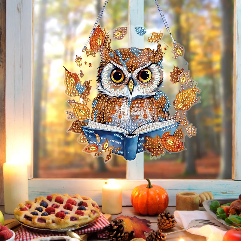 DIY Autumn Owl Special Shape Diamond Painting Hanging Pendant