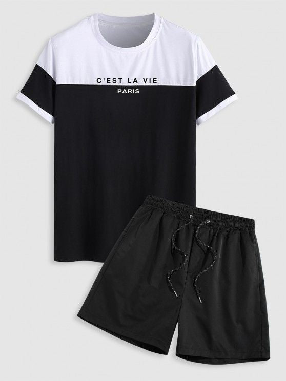 Two Tone T Shirt And Elegant Design Shorts Set