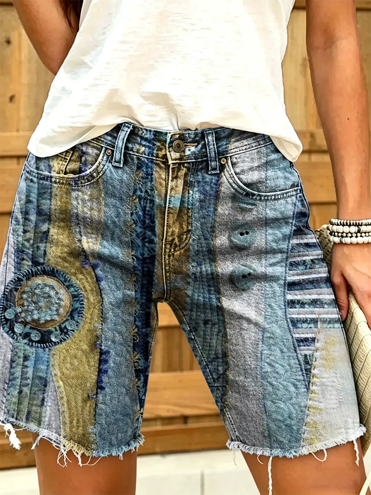 Women's Patchwork-print Artistic Denim Shorts