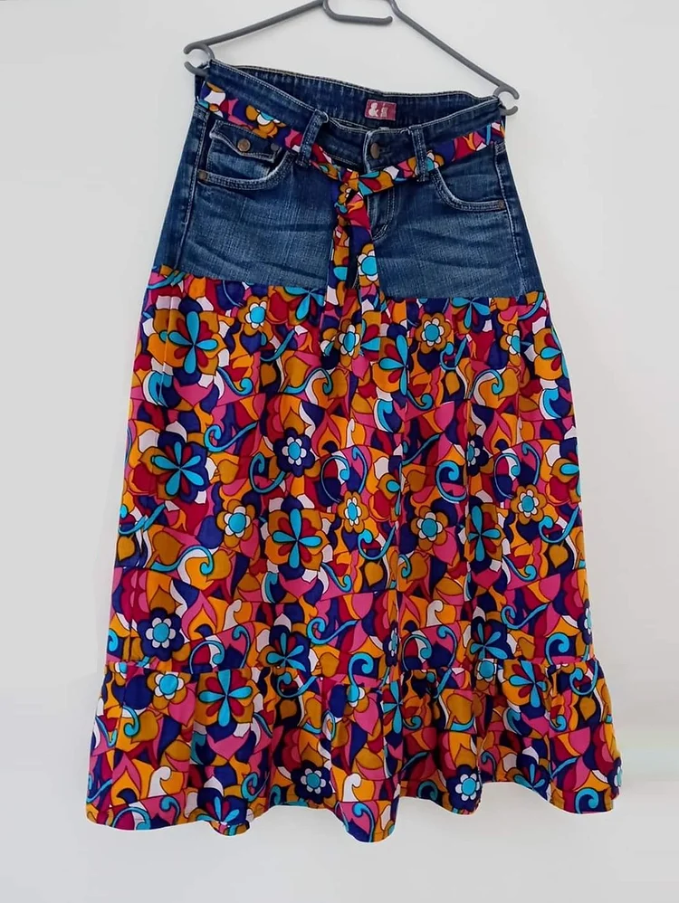 Fashion Denim Floral Pattern Patchwork Midi Skirt