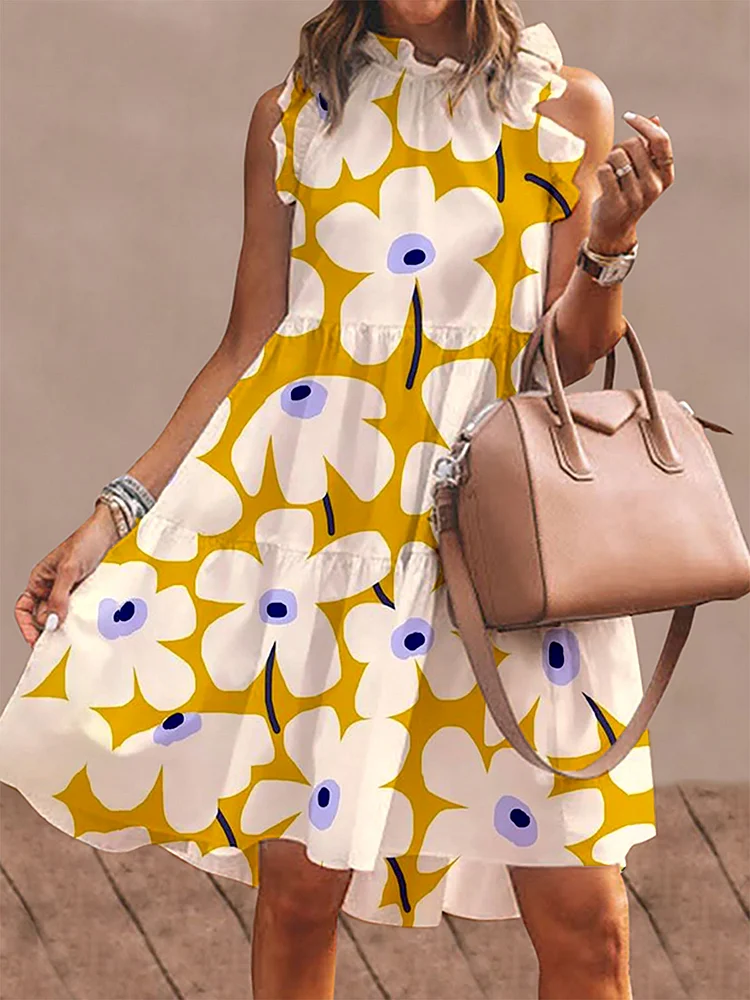 Women's Yellow Floral Print Sleeveless Dress socialshop