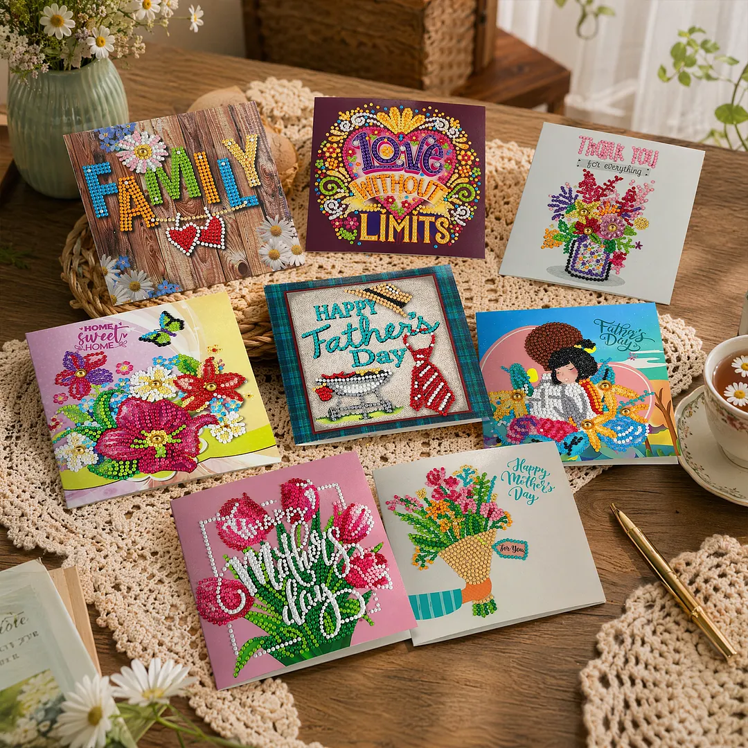 8PCS Fathers Day Mothers Day DIY Diamond Painting Greeting Card Kits with Envelopes Diamond Art Greeting Cards Diamond Art Cards Kits for Adults DIY Crafts Family Friend Gifts