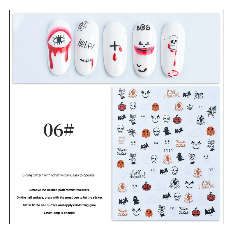 Halloween 3D Nail Stickers Skeleton Pumpkin Design Adhesive Nail Transfer Sliders Paper Autumn Winter DIY Nail Art Decoration