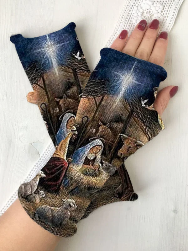 Nativity Print Knit Fingerless Gloves