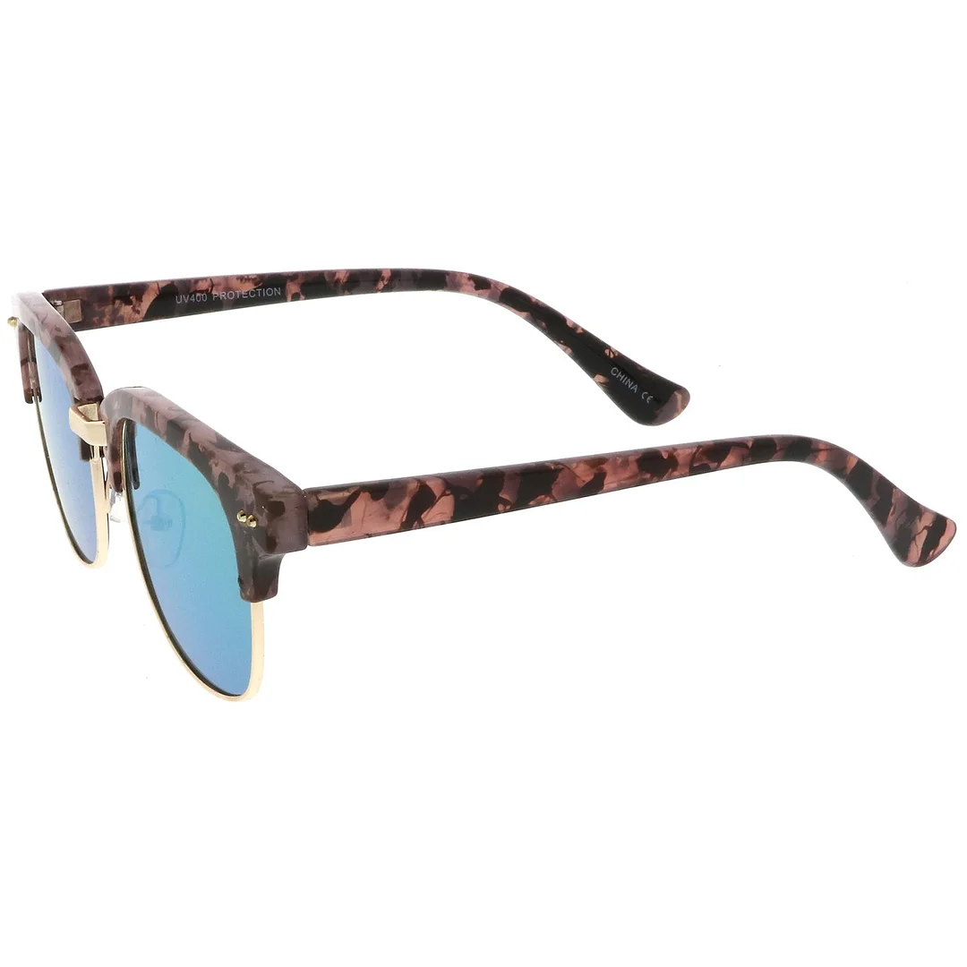 Modern Marble Print Horn Rimmed Mirrored Square Flat Lens Half Frame glasses 51mm