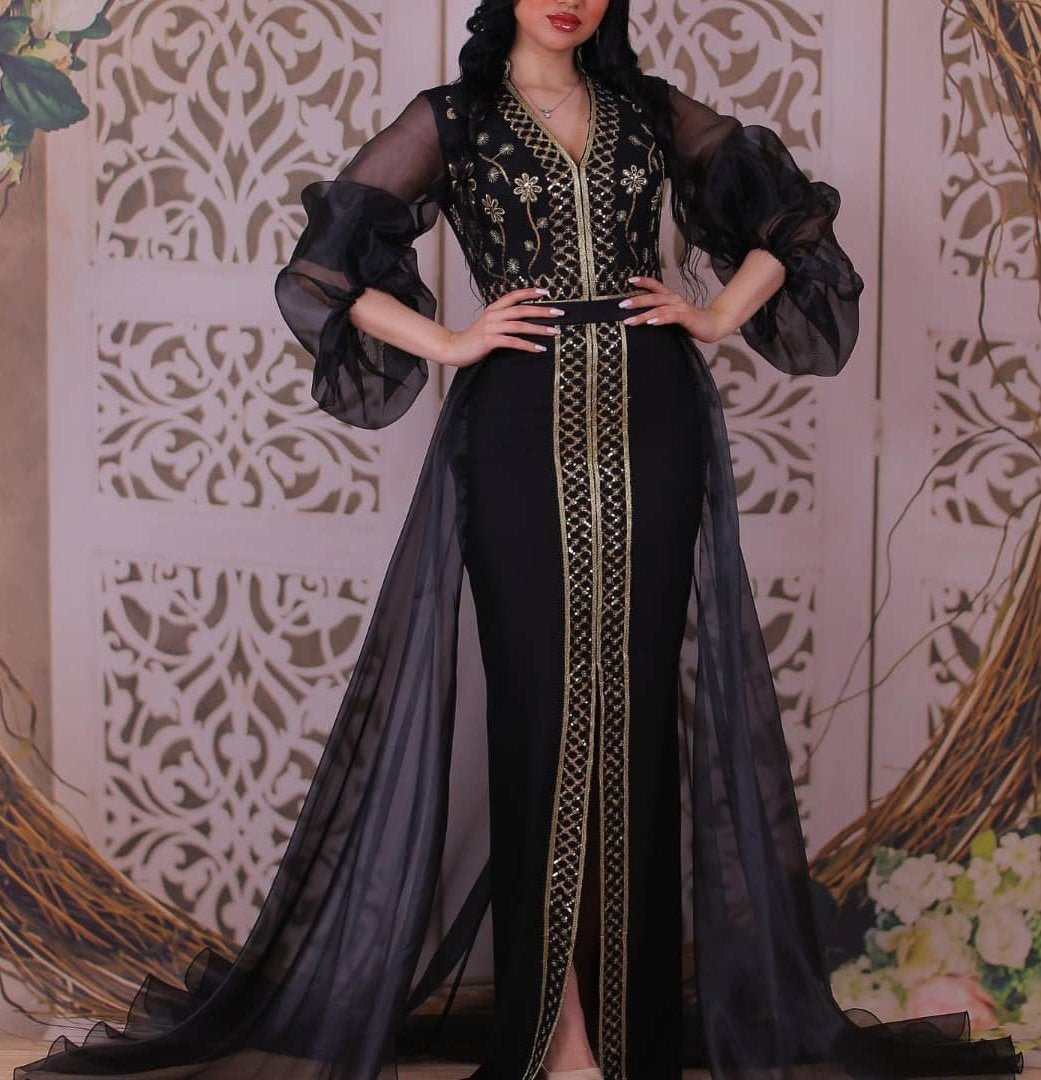 Elegant puff sleeve slits mesh vintage evening dress-zachics