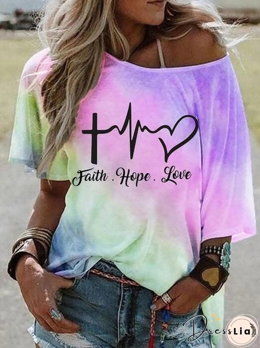 Hot-selling Stylish Tie-dye Gradient Print Short-sleeved Stiletto Off-the-shoulder Top T-shirt