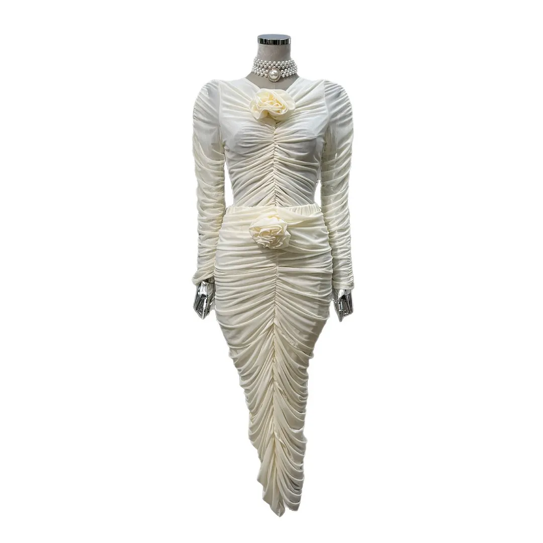 Brownm Light Ripe Breeze Early Spring Fashion Three-Dimensional Flowers Wrinkle Elastic Coat On The Head + Wrinkle Bag Hip Step Half Skirt Set