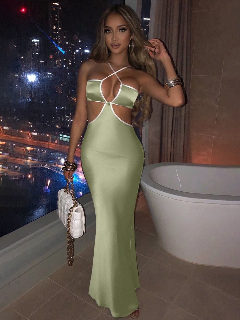 Hugcitar Halter Backless Sleeveless Hollow Out Revealing Maxi Dress 2022 Spring Bodycon Sexy Streetwear Party Club Outfits Y2K